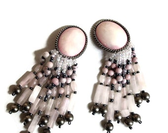 Pink Glass Cabochons and Dangle Rose Quartz Beads Earrings Vintage Boho Hippie