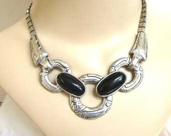 Modernist Black Glass Cabochons & Silver Tone BIB Necklace Vintage