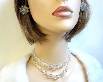 Aurora Borealis Crystal Beaded 2 Strand Necklace and Earrings Set Vintage