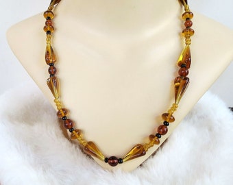 Molded Dark Topaz Color Cone Beads and Topaz Disc & Black Spacer Glass Beads Necklace Vintage