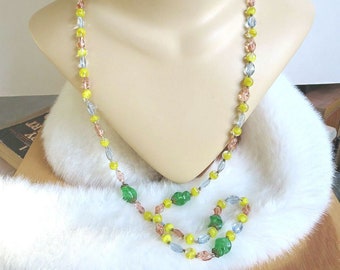 Long Pastel Pink, Blue, Green and Yellow Glass Beads Necklace Vintage