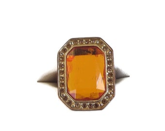 Mirror Backed Orange Cut Glass and Amber Rhinestones Ring Vintage Statement