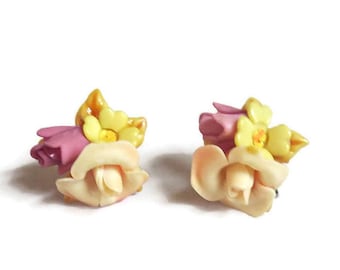 Yellow, Pink and Apricot Molded Plastic Flower Earrings Vintage