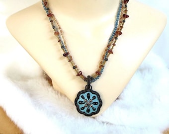 Blue & Amber Color Beads with Rhinestone Studded Flower Medallion Pendant Necklace Vintage Beaded Boho Hippie