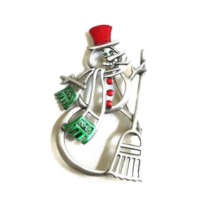 Grün & rot Emaille durchbrochene Schneemann Weihnachten oder Urlaub Brosche Vintage signiert JJ Jonette Schmuck