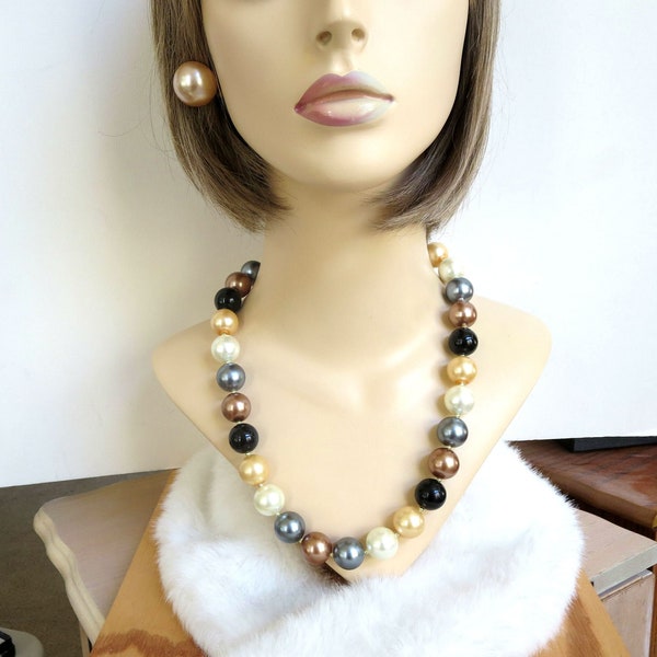 Multi Color Large Faux Pearls Necklace and Earrings Set Vintage Signed Hong Kong