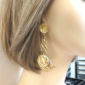 Egyptian Revival Faux Coins & Chains Dangle Earrings Vintage
