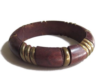 Wood Bangle Bracelet with Brass Insets Vintage Boho Hippie