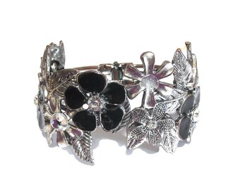 Black Enamel & Silver Tone Flowers Clamper Bracelet Vintage Hinged with Clear Rhinestones
