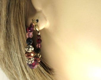 Purple and Pink Crystals Hoop Bead Earrings Vintage Boho Hippie