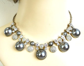 Faux Gray Pearls & Clear Rhinestones Bib Necklace Vintage Signed Ann Taylor