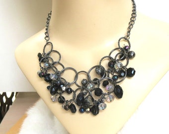 Aurora Borealis and Black Crystal Beaded Circle Chains Bib Necklace Vintage