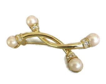 Gold Tone Crossover Brooch with Clear Rhinestones and Faux Cream Pearl Ends Vintage