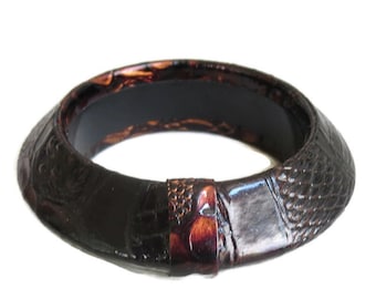 Abstract Design Leather Wrapped Wood Bangle Bracelet Vintage Statement