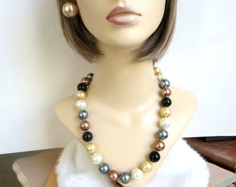 Multi Color Large Faux Pearls Necklace and Earrings Set Vintage Signed Hong Kong