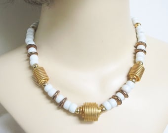 Modernist White Glass Bead Necklace with Gold Metal Spirals Vintage Beaded