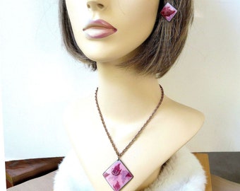 Vintage années 1970 Rouge et Rose Cuivre Émaillé Feuille Pendentif Necklace et Boucles d'oreilles Demi Parure Set