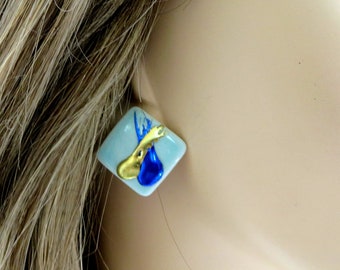 Square Abstract Porcelain Earrings in Light & Dark Blue with Gold 1970’s Vintage