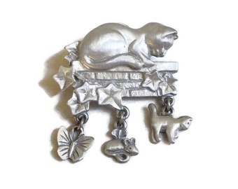 Pewter Kitty Cat Dangle Brooch with Butterfly and Mouse Vintage signed LCD for Lindsay Claire Designs