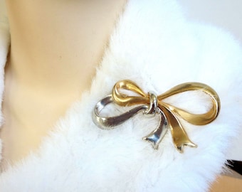 Large Silver and Gold Tone Bow Brooch Vintage