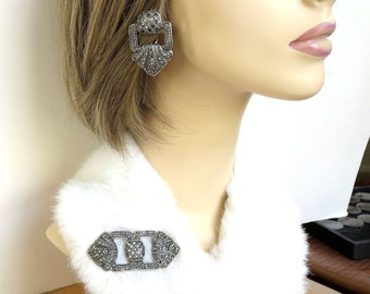 Art Deco Style Faux Marcasites & Rhinestones Buckle Brooch and Earrings Set Vintage