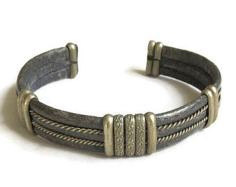 Pewter and Snake Skin Cuff Bracelet Vintage Ethnic Tribal