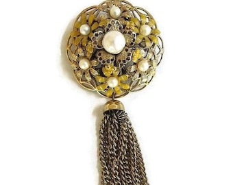 Enamel Flower Tassel Dangle Brooch High Domed Vintage with Faux Pearls