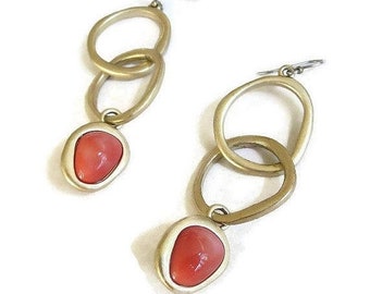 Abstract Dangle Earrings Gold Tone with Coral Lucite Cabochons Vintage