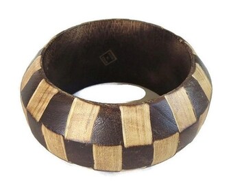 Checkerboard Bangle Bracelet Vintage Boho Inset Mixed Wood