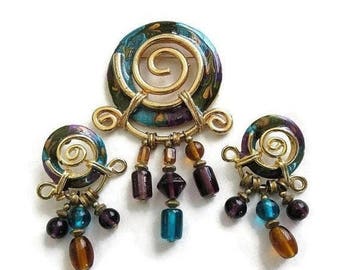 Egyptian Style Brooch and Earrings Set Teal, Purple & Amber Enamel and Beads Vintage