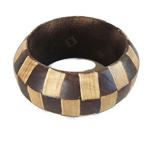 Checkerboard Bangle Bracelet Vintage Boho Inset Mixed Wood