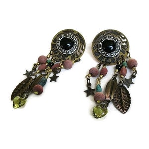 Copper with Stars, Feathers & Beads Dangle Earrings Vintage Boho Hippie