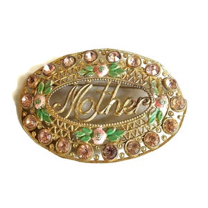 Emaille und rosa Strass Mutter Brosche Vintage Openwork