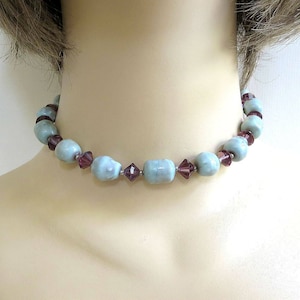 Single Strand Blue Art Glass and Purple Crystals Necklace Vintage Choker
