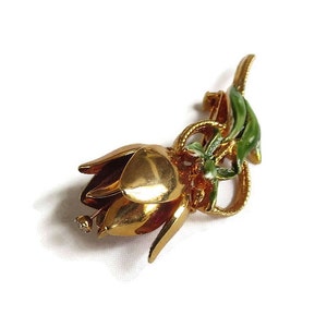 Green Enamel Tulip Flower Brooch Vintage with Clear Rhinestone