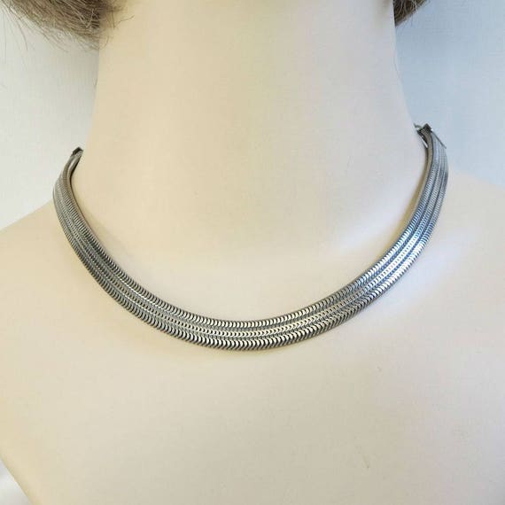 Woven Triple Box Chain Choker Necklace Vintage Si… - image 3
