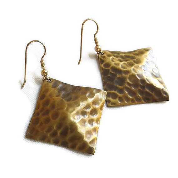 Hammered Copper Dangle Earrings Vintage Square - image 2