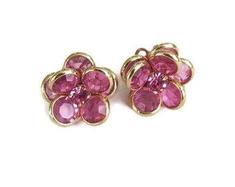 Swarovski Crystals Pink Flower Earrings Vintage with Rhinestone