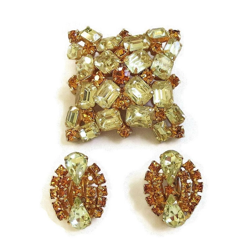 Citrine /& Golden Topaz Rhinestone Brooch and Earrings Set Vintage