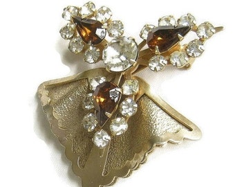 1940s Rhinestone Retro Brooch Amber and Clear Layered Vintage