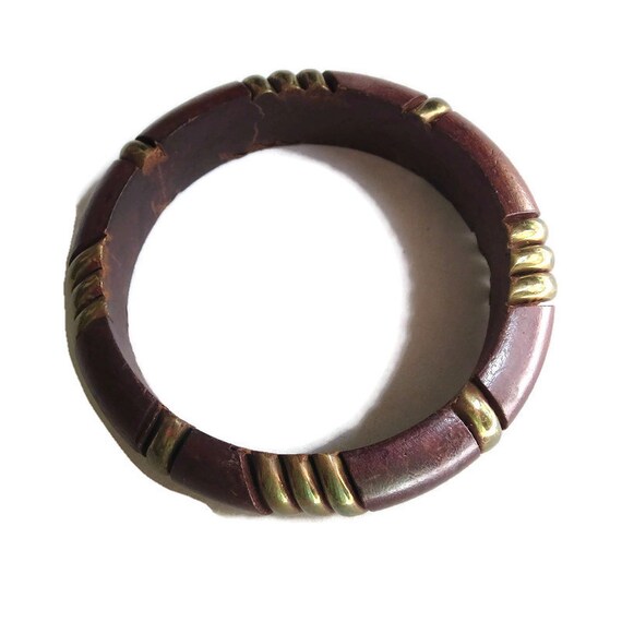 Wood Bangle Bracelet with Brass Insets Vintage Bo… - image 7
