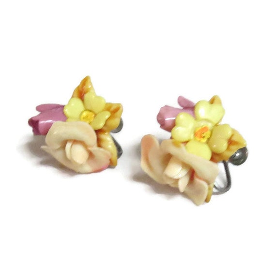 Yellow, Pink and Apricot Molded Plastic Flower Ea… - image 3