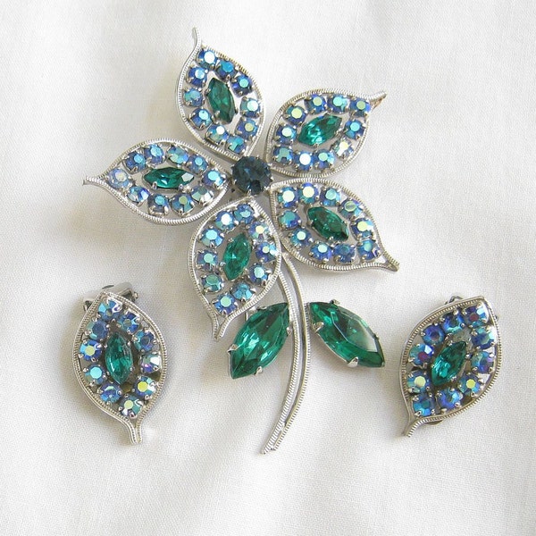 Vintage Deep Sapphire, Light Blue Aurora Borealis, and Emerald Green Rhinestones Flower  Brooch or Pin and clip Earrings Demi Parure Set