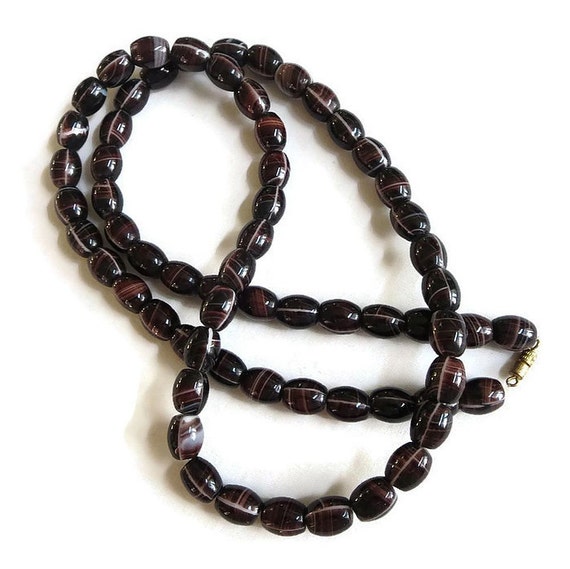 Chocolate Brown Banded Agate Necklace Vintage Lon… - image 1