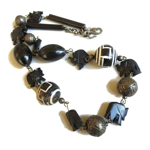 Carved Black Wood Elephant Necklace with Ethnic W… - image 6