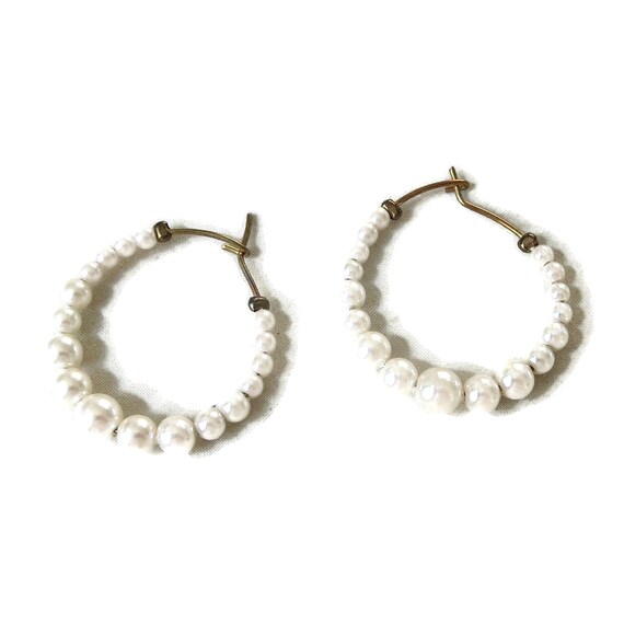 Graduated White Faux Pearl Hoop Pierced Earrings … - image 6