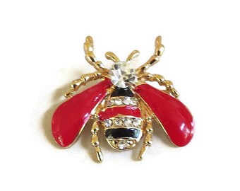 Red & Black Enamel with Clear Rhinestones Bee Brooch Vintage