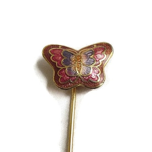 Blue Red & Pink Cloisonne’ Enamel Butterfly Hat Stick Pin Brooch Vintage