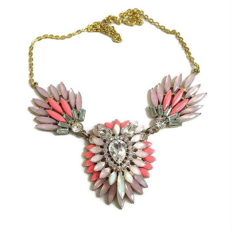 Multi-Color Rhinestone Bib Necklace Vintage Large Rainbow of Pastel Colors