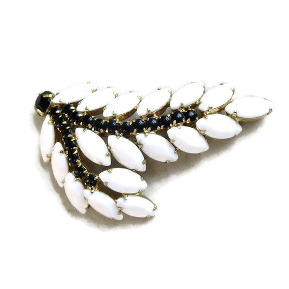 Milk Glass White & Black Rhinestones Leaf Brooch … - image 7